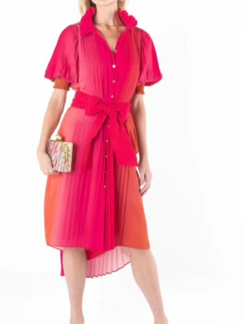 High-Low Pleated Shirt Dress in Coral-Red with Tie Waist